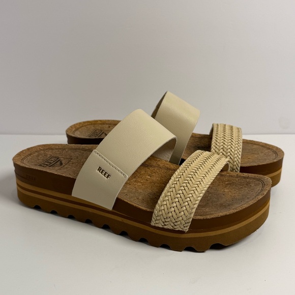 Reef CUSHION VISTA HI Platform Sandals Tan 2 Strap Slip On Shoes Wm Size 8 Y2K - Picture 2 of 9